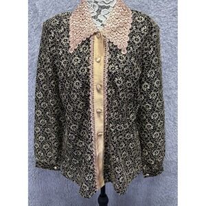 Vintage Womens Long Sleeve Top Black Pink Embroidered Floral Sheer Retro‎